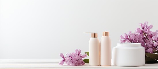 Poster - A hyacinth themed collection of skincare products including ointment makeup base and soap arranged on a white wood table with a clean minimalist aesthetic Exceptional copy space image