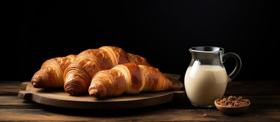 Poster - A dark background amplifies the appeal of croissants on a wooden dish accompanied by a milk jug creating a captivating copy space image