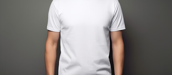 Poster - Stylish young man wearing a white t shirt poses on a grey background creating a perfect copy space image for design mockups