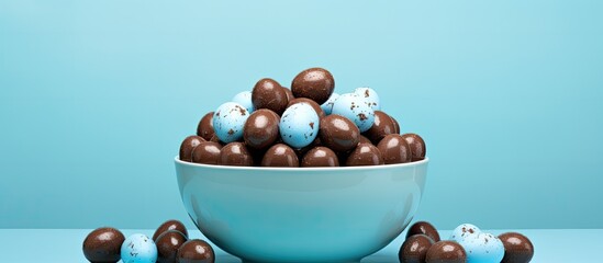 Aufkleber - Copy space image of an Easter themed arrangement featuring chocolate eggs against a blue backdrop providing room for adding text