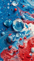 Wall Mural - mix of red white blue color paints with blended drops on fluid while forming abstract patterns against blue background