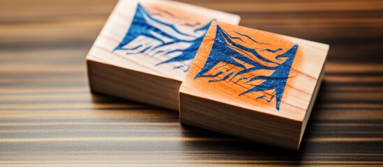 Poster - Close up view of isolated abstract blue and orange wood type stamps with lightning or thunder motifs set against a wooden background Ample copy space is available in the image