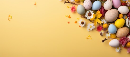 Aufkleber - A top down view of Easter themed elements including colorful handmade eggs an egg tray a bunny and flowers on a yellow background The scene is laid out flat and an Easter card with space for text is