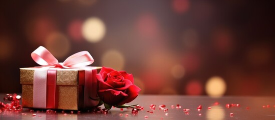 Poster - A red gift box and a rose flower are placed on a Saint Valentine themed background leaving enough space for other content to be added. Creative banner. Copyspace image