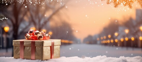 Poster - A festive holiday scene with traditional Christmas decorations gifts and festive elements The image showcases the winter season with a close up view and a flat lay arrangement providing a copy space