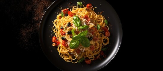 Poster - An overhead view of a traditional Italian pasta dish featuring spaghetti served on a black plate The spaghetti is garnished with basil pesto black olives and parmesan cheese The dark background provi