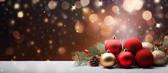 Poster - Christmas tree twigs cones balls and bokeh create a festive holiday background with an appealing copy space image