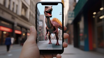 a hand holds a phone with an augmented reality app. the screen projects an ar model of a dinosaur on