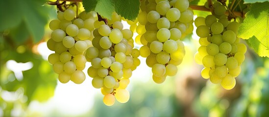 Poster - A cluster of white wine grapes dangle from a vine offering a close up view with ample copy space for customization