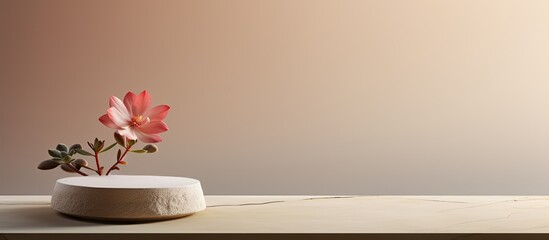 Sticker - Beige background with stones a platform podium and a flower It creates a minimal empty scene for presenting products with a copy space image