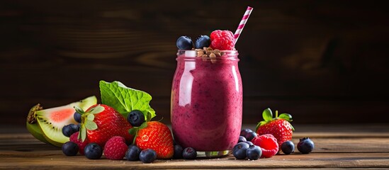 Poster - A copy space image of a raw vegan smoothie made with fresh fruit and berries placed on a wooden table It represents a healthy and nutritious food concept
