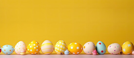 Poster - Bright yellow background with pastel colored decorated Easter eggs creates an appealing Easter holiday copy space image
