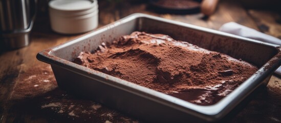Poster - Baking a homemade chocolate cake or brownie with a basic raw dough in a baking pan ready to be cooked Don t forget the copy space image