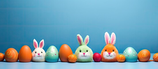 Sticker - Colorful Easter eggs Easter bunnies and carrots arranged on a blue background in a composition with copy space image