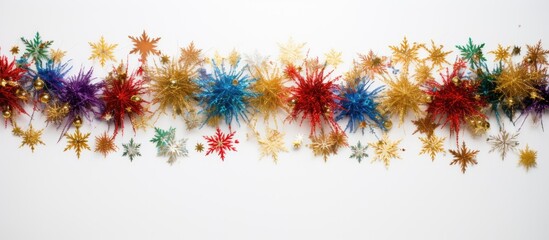 Poster - A festive display of tinsel on a crisp white surface is pictured from a bird s eye view This copy space image captures the essence of the Christmas and New Year celebrations with room available for a