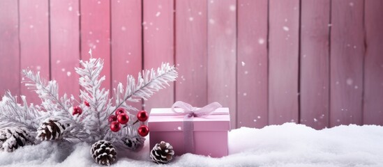 Poster - Snow covered Christmas tree branch with a gift box set against a charming pink wooden background providing ample copy space for an image