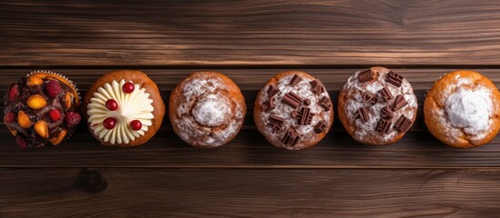 Poster - The top view shows delicious homemade sweet chocolate and vanilla muffins displayed on a wooden table background with copy space for additional elements