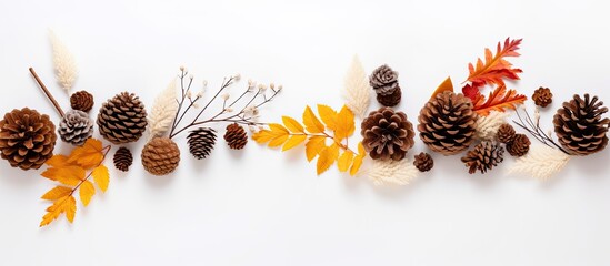 Aufkleber - Top view of a white background adorned with a fall themed composition The arrangement includes dried leaves cotton flowers and pine cones providing ample space for any desired content or image