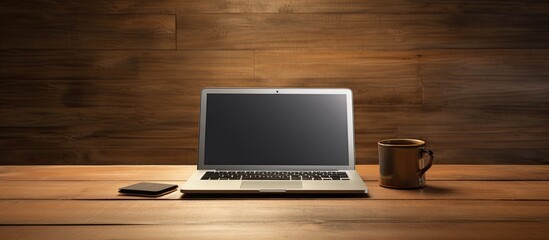 Poster - On a wooden table there is a copy space image featuring a laptop and a smartphone both displaying blank screens Positioned on the laptop is a blank credit card complete with a magnetic stripe on its