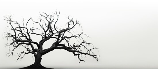 Poster - An eerie silhouette of a dead tree stands alone on a white background creating a haunting and ominous image The copy space adds to the macabre ambiance