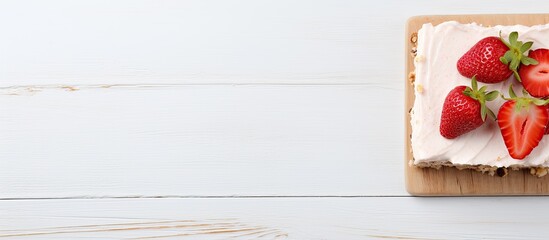 Aufkleber - A piece of raw vegan strawberry cashew cake on a napkin placed on a white wooden surface is shown from a top view The image includes copy space