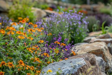 Wall Mural - A cluster of colorful flowers contrast against a rocky backdrop in this detailed shot of landscape architecture