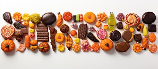 Poster - A bird s eye view image of Halloween themed candies including finger shaped sweets brain shaped treats and spider shaped confections arranged on a white backdrop providing ample space for additional
