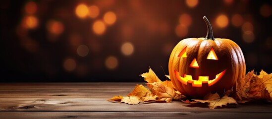 Poster - A Halloween themed Jack o lantern illuminated on a wooden backdrop adorned with maple leaves creating a perfect copy space image