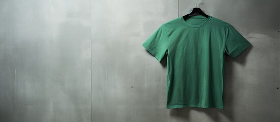 Poster - Male green cotton t shirt hanging on a gray grunge marble wall with no print and ample space on the right side for your text