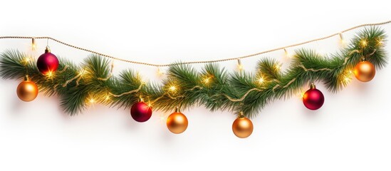 Poster - A festive Christmas decoration featuring a branch of a fir tree adorned with a garland of light balls The vibrant display is set against a clean white background providing an ideal copy space image