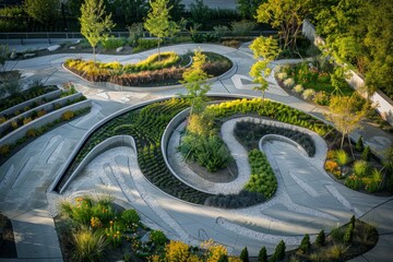 Wall Mural - An innovative circular garden with eco-friendly landscape architecture, showcasing geometric patterns and flowing floral forms from above