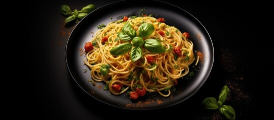 Poster - An overhead view of a traditional Italian pasta dish featuring spaghetti served on a black plate The spaghetti is garnished with basil pesto black olives and parmesan cheese The dark background provi
