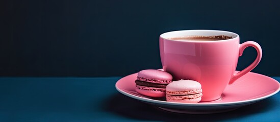 Poster - Colorful macaroon isolated on a pink background with a vintage pastel colors tone Displaying exquisite French cakes along with a black coffee cup with plenty of room for showcasing images or text