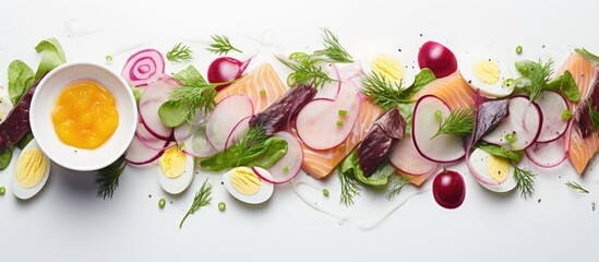 Poster - Scandinavian cuisine offers a classic salad made with salted herring fillet fresh apples red onion and eggs all neatly arranged in a top down view for a captivating copy space image It is a kosher di