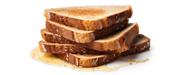 Poster - Isolated on a white background a close up top view stack of moldy slices of organic sprouted honey wheat bread with flaxseed represents the concept of expired and unhealthy food The image includes a