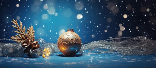 Poster - A festive Christmas greeting card featuring a vibrant blue background adorned with a bauble pine cones and twinkling fairy lights allowing for ample space for text or other images