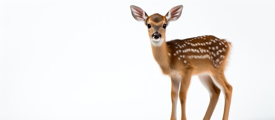 Poster - A fawn of a white tailed deer standing and gazing ahead with a blank background for the image. Creative banner. Copyspace image