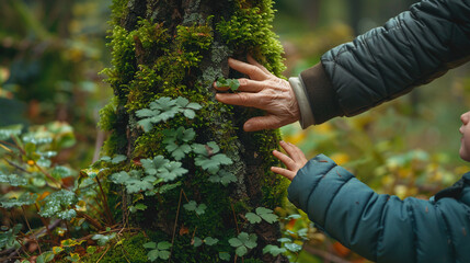 Poster - father and son hands touching tree trunk covered with green moss in the woods. people in nature conc