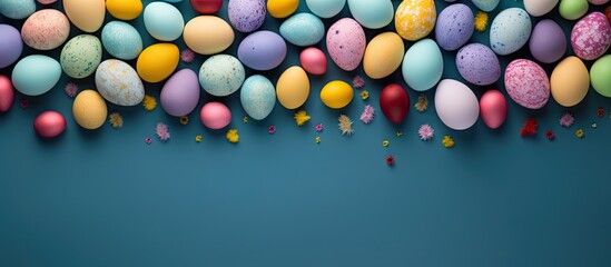 Leinwandbilder - A colorful background sets the stage for stunningly painted Easter eggs in a flat lay composition offering plenty of copy space for text