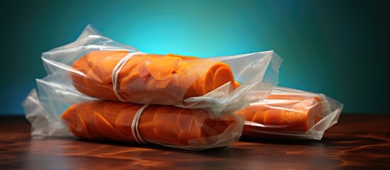 Poster - A bundle of plastic wrapped sweet potato wraps with copy space image