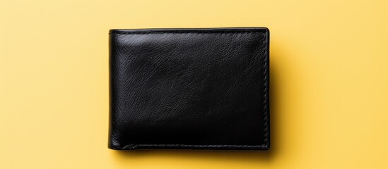 Poster - A black leather men s wallet containing American dollar cash is positioned on a yellow background offering ample space for text