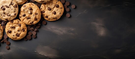 Poster - Top view copy space image of delicious chocolate chip cookies on a gray background perfect for adding text