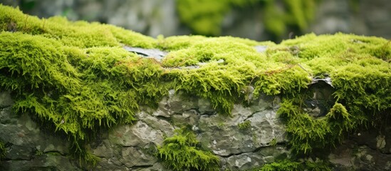 Aufkleber - Geological theme background with a close up copy space image of a textured natural rock covered in lush green moss and lichen