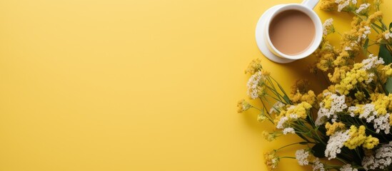 Poster - Yellow background with a flat lay of a mockup paper blank accompanied by a coffee cup and a bouquet of herbs flowers Ample copy space is available