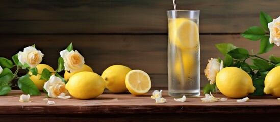 A refreshing lemon beverage served on a wooden table with a background of roses creating a delightful copy space image