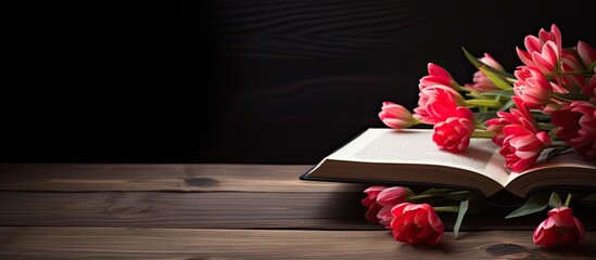 Poster - Wooden background with beautiful flowers on a book featuring a blank black cover Copy space image