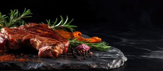 Poster - A well done juicy fried meat piece is placed on a stone plate on a black wooden table creating a food concept with space for text or other images. Creative banner. Copyspace image