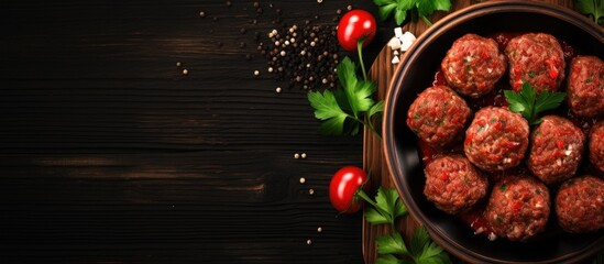 Poster - A top down view of meatballs made from raw minced meat arranged on a black wooden table The image includes copy space for text purposes
