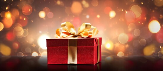 Poster - A festive Christmas backdrop featuring a red gift box adorned with a golden bow set against a backdrop of softly blurred Christmas lights Ample space for a custom image
