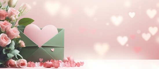 Sticker - A light background with a pink envelope a green bouquet and hearts creates a festive holiday atmosphere The image provides ample space for copying